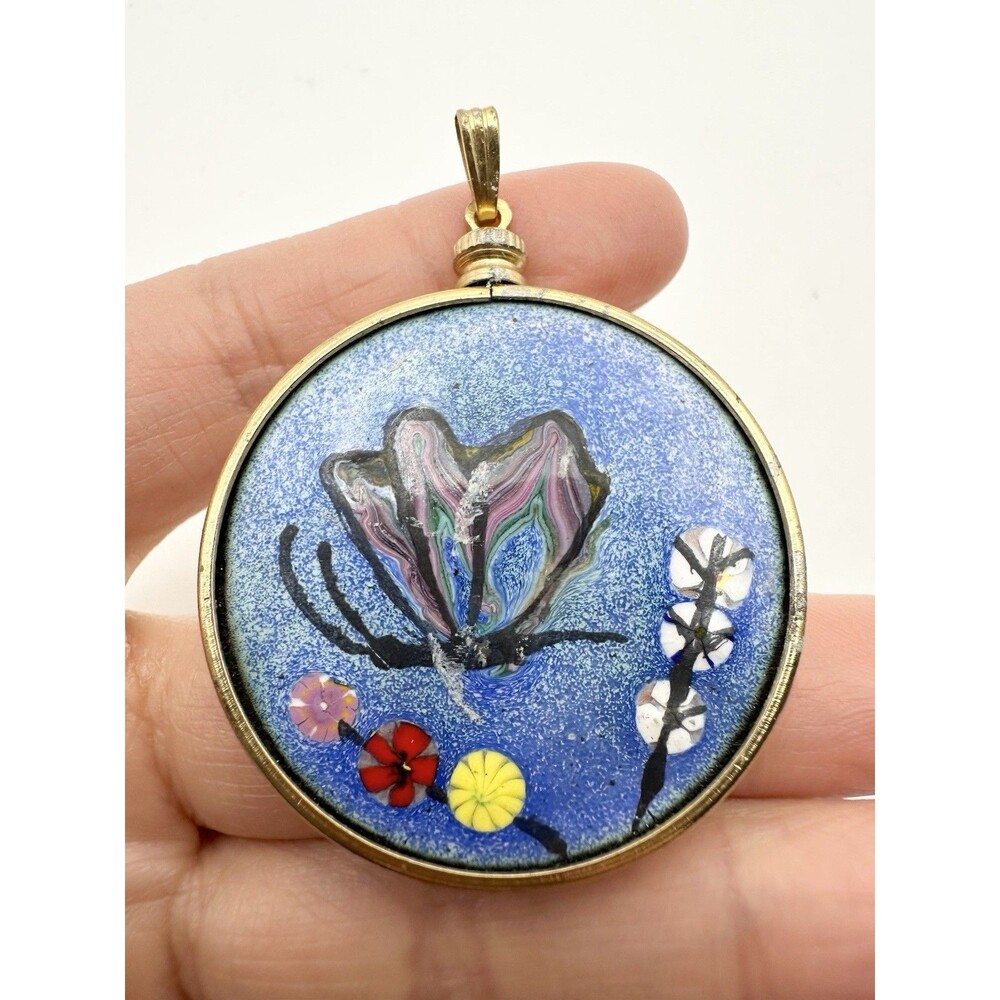 Vintage Hand painted Reversible Pendant Floral Butterfly Gold Tone